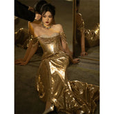 Gold Evening Dress Women's High-grade Sequined Off-shoulder Tube Top Toast Dress Bridal Fishtail Dress - kinko